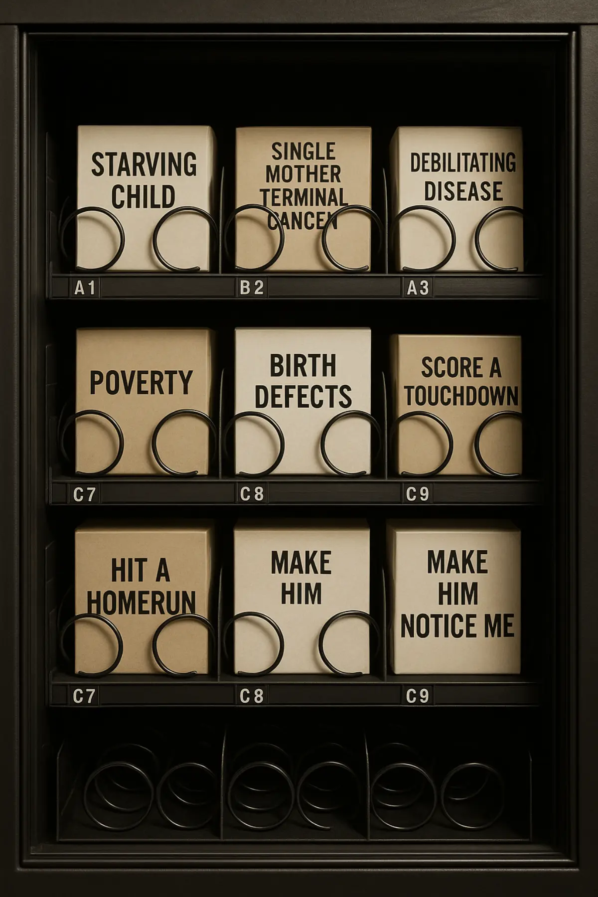 Vending machine labeled with random outcomes—a metaphor for arbitrary theology