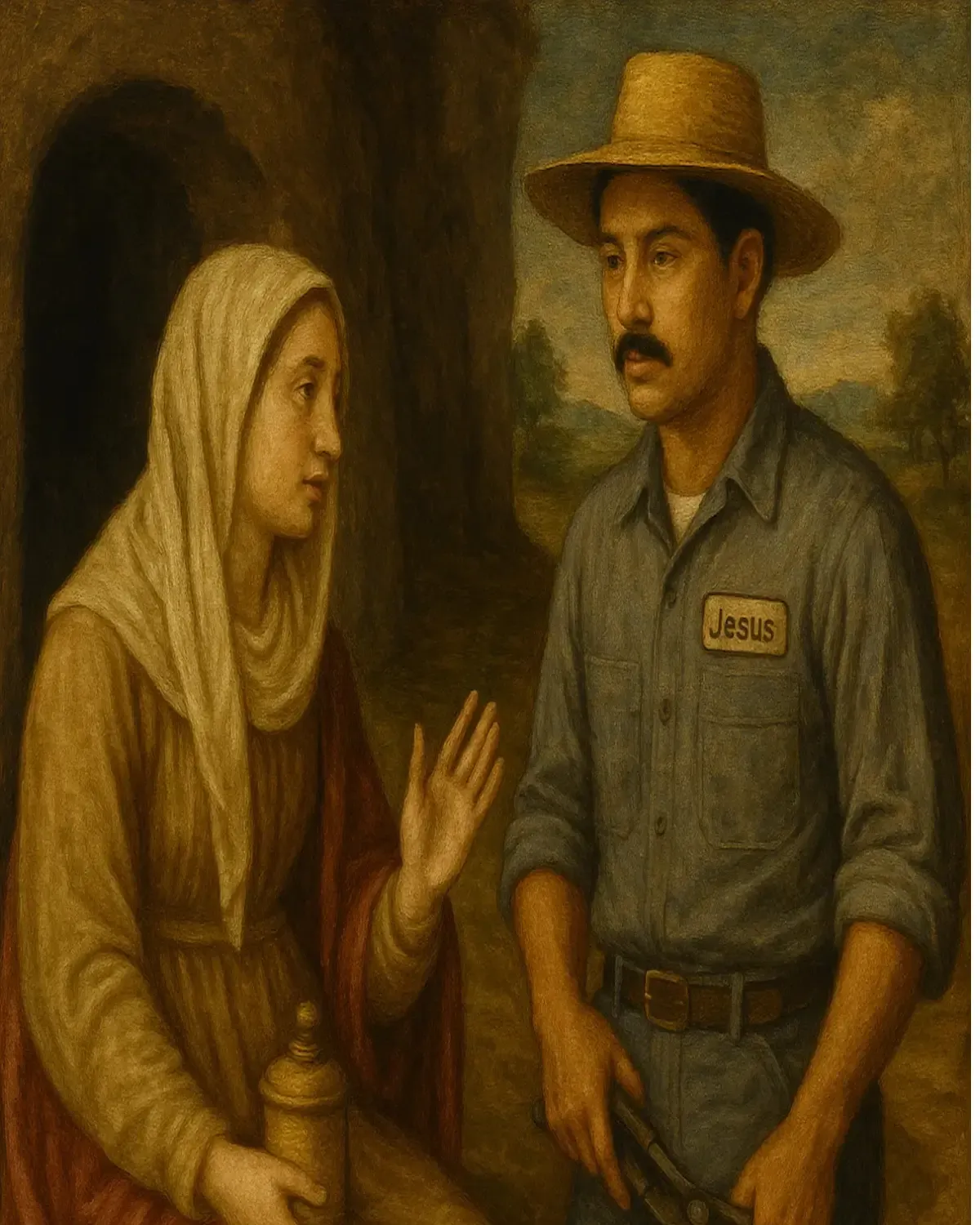 Mary Magdalene mistakes Jesus for the gardener outside the tomb