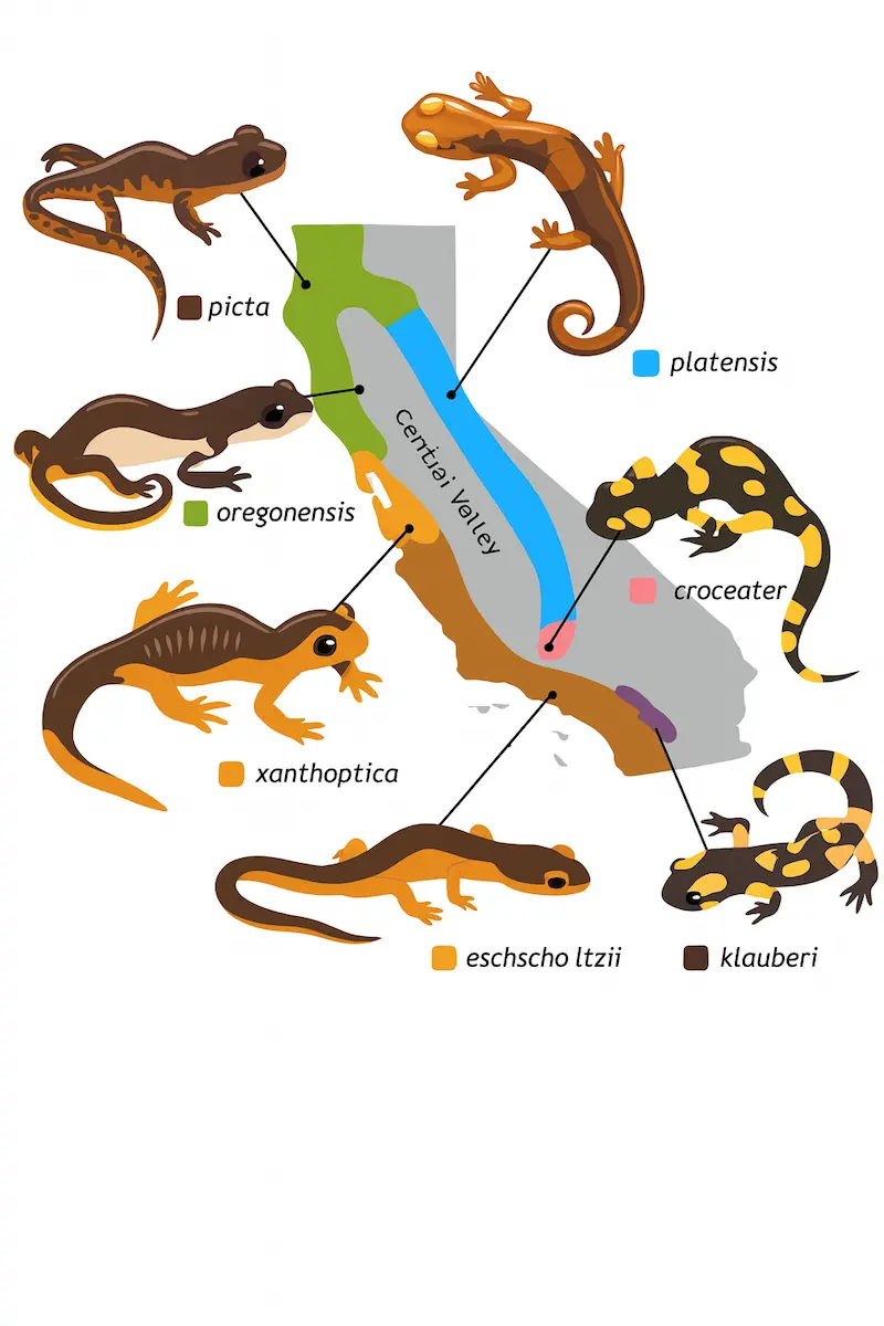Map-style illustration tracing the Ensatina salamander ring around California’s Central Valley