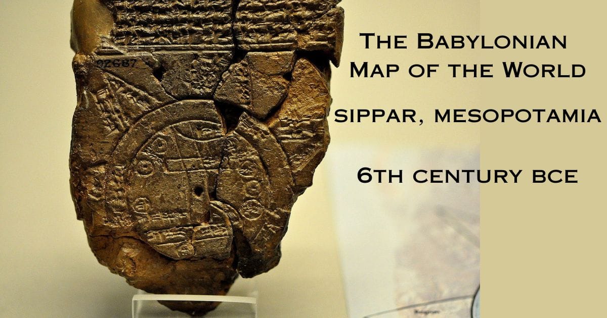 Babylonian world map tablet showing circular earth surrounded by water and inscriptions