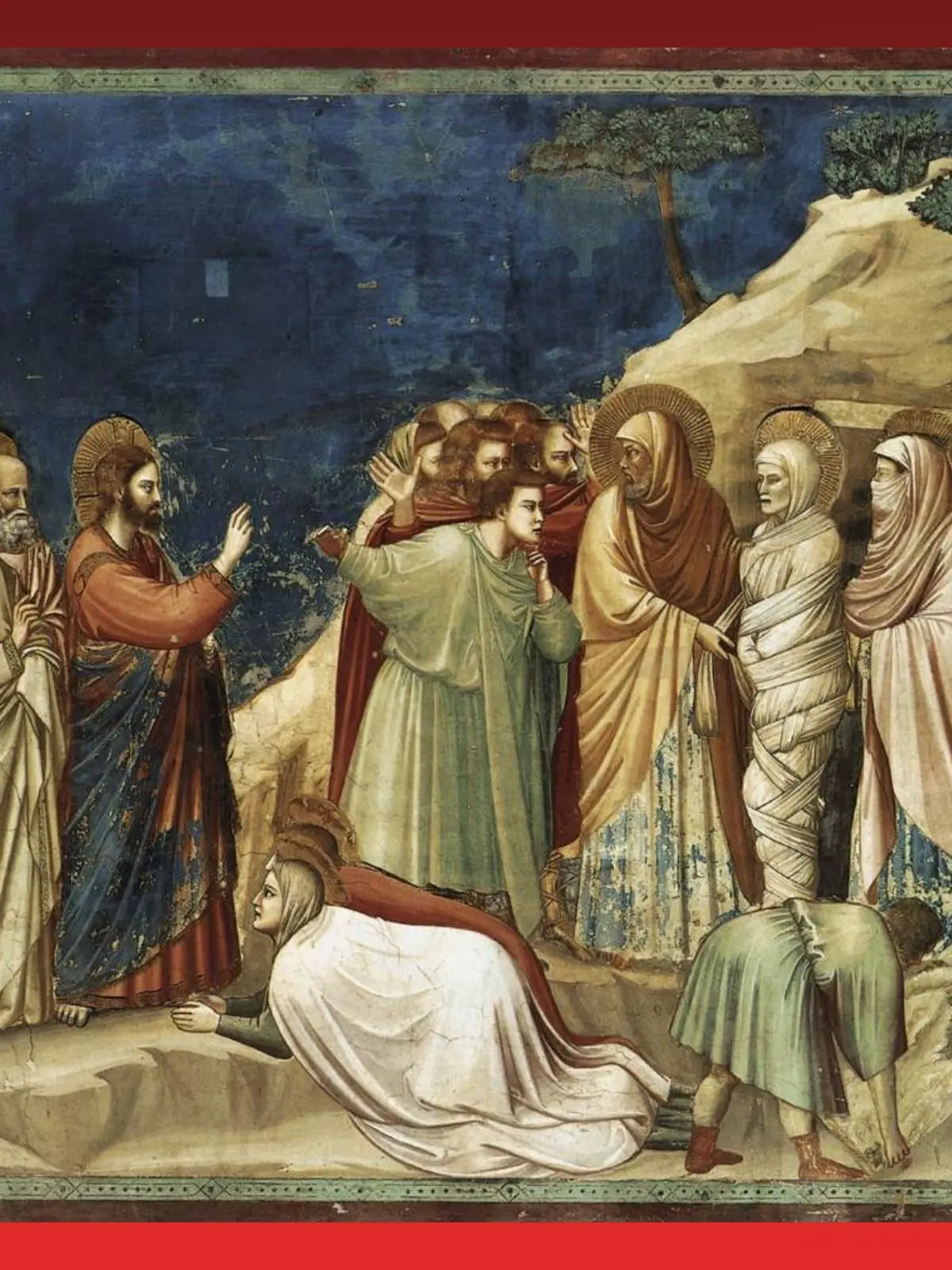 Giotto di Bondone’s fresco depicting the biblical miracle of the raising of Lazarus, showing Jesus calling Lazarus from the tomb before gathered onlookers
