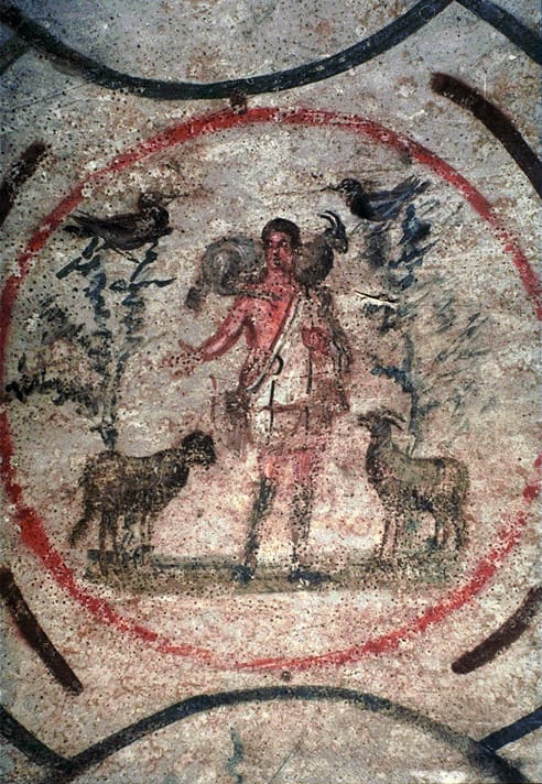 Early Christian “Good Shepherd” imagery, reflecting symbolic framing that became common as Christian feast-days developed.