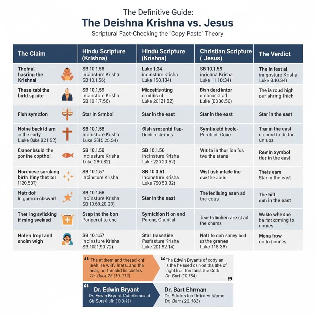 Comparison table debunking the Jesus and Krishna plagiarism myth, showing differences in birth (8th son vs virgin), birthday (August/September vs December), and death (arrow vs crucifixion) based on Srimad Bhagavatam and New Testament scriptures.