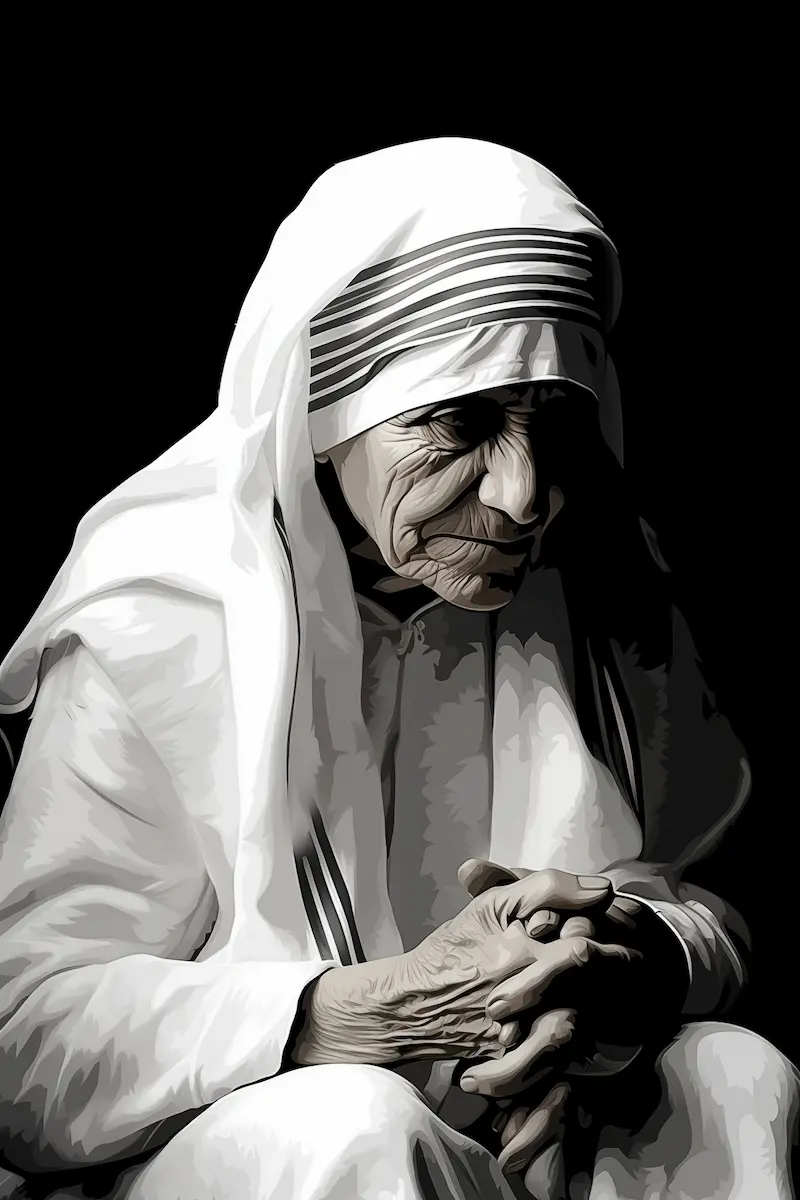 Grayscale illustrated portrait of Mother Teresa