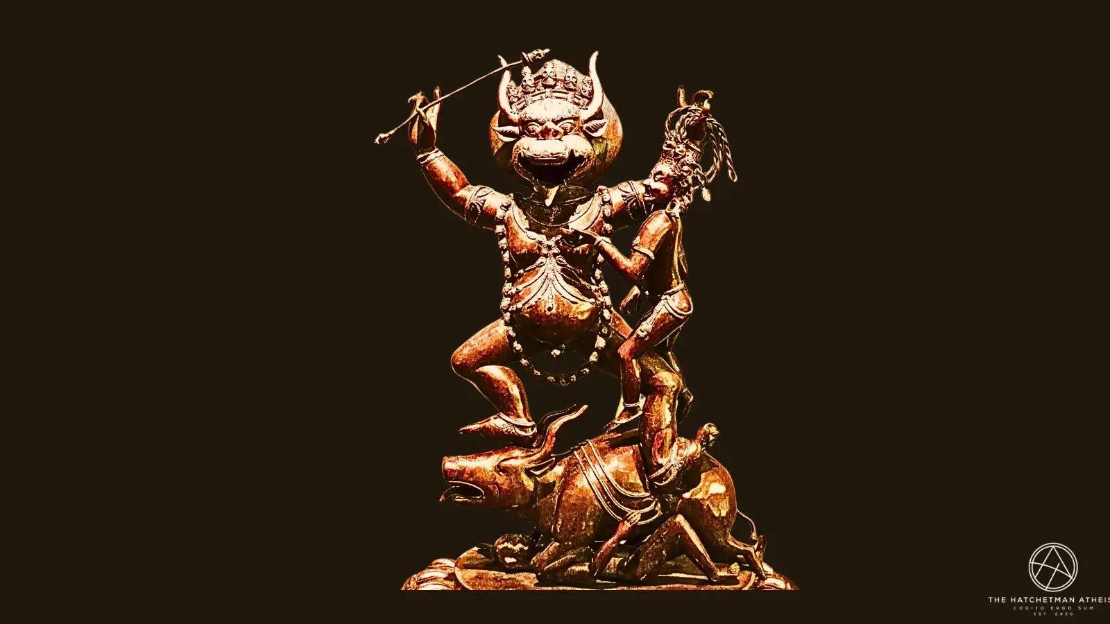 18th-century bronze sculpture of Yama, the Buddhist Lord of Death, standing on a buffalo.