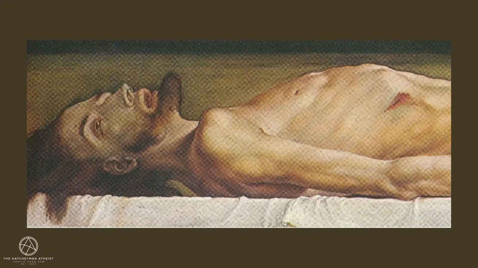 Painting showing the dead body of Jesus lying rigid in a tomb, eyes open, emphasizing physical finality and decay