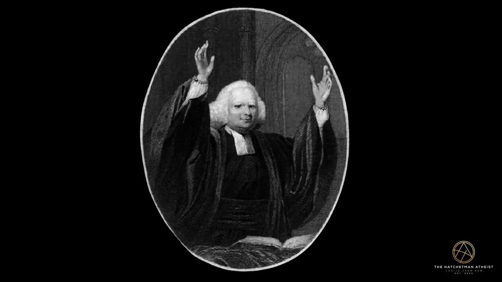 Eighteenth century engraving of George Whitefield preaching with raised hands