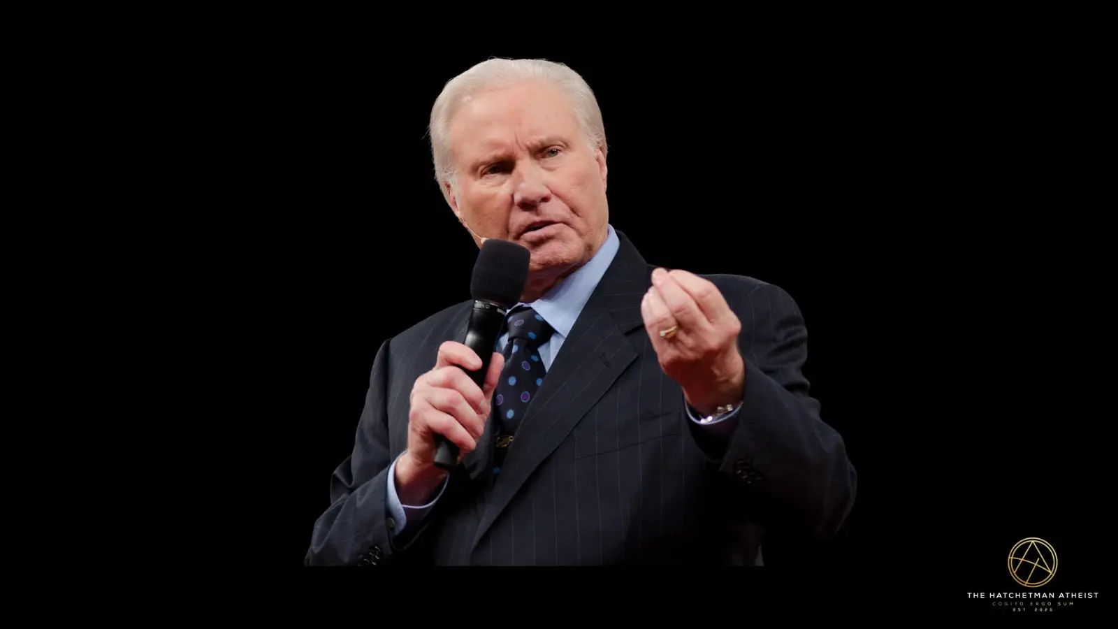 Jimmy Swaggart preaching onstage with a microphone during a Pentecostal worship service