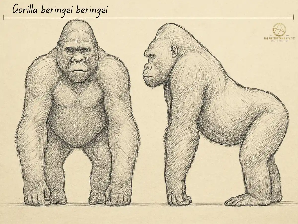 Pencil-style drawing of a gorilla, with detailed facial features and textured fur shading.