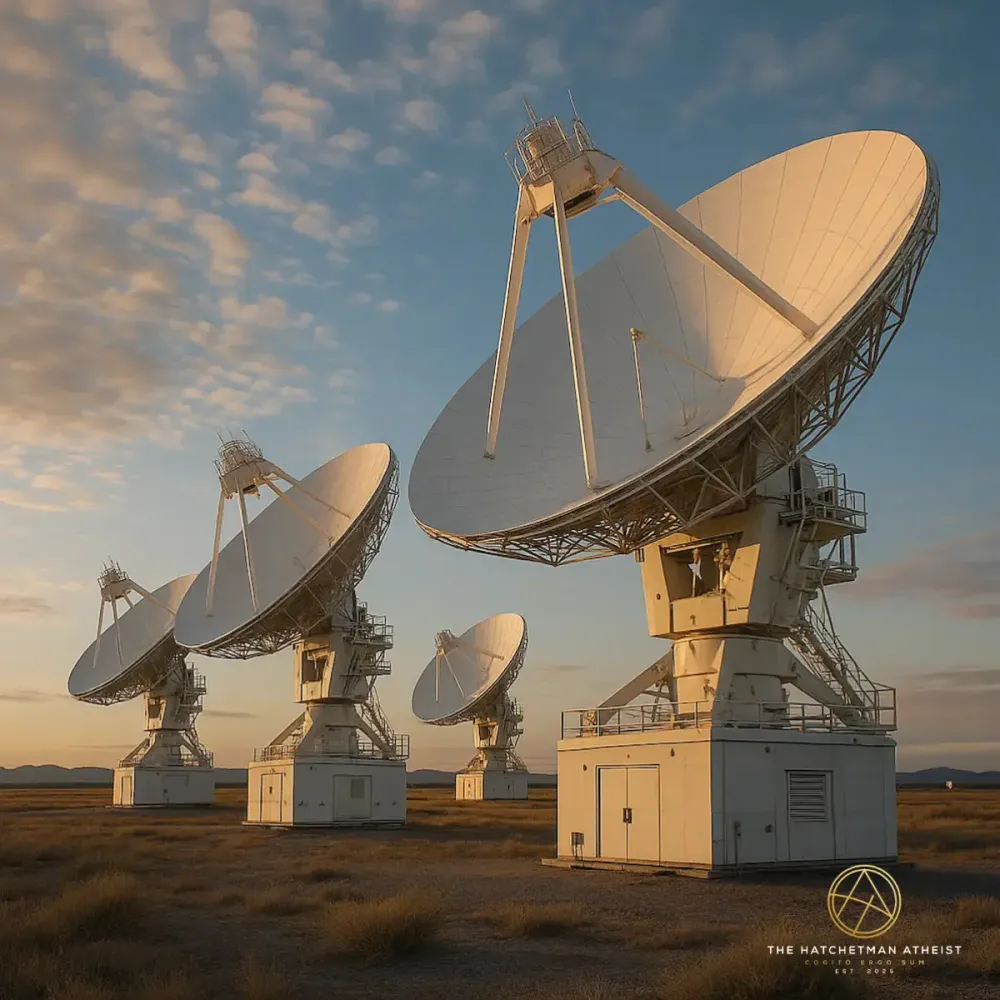 A satellite telescope array with multiple large parabolic dishes pointing to the sky at sunset.