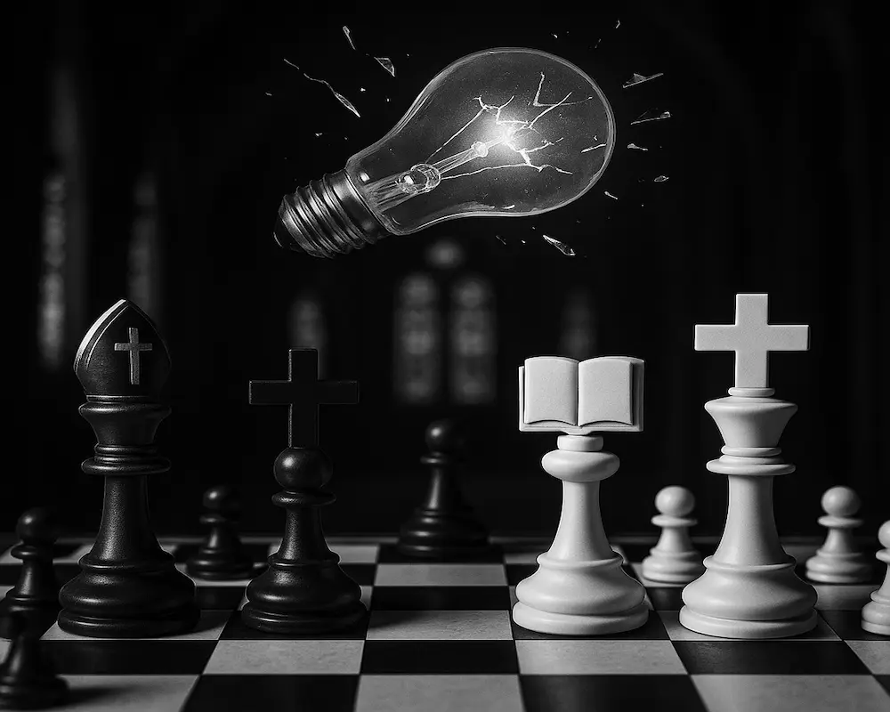 Light bulb over religious chessboard