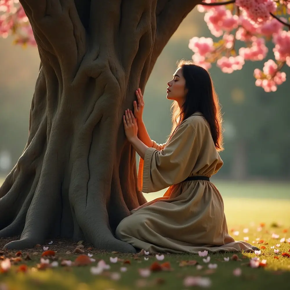 Praying woman by crape myrtle, Fresno