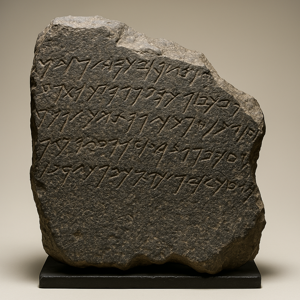 Fragmented black basalt stone with ancient Aramaic script referencing the House of David.