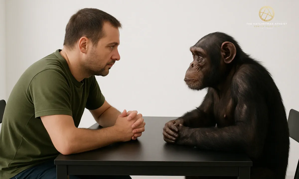 A cinematic, side-by-side comparison of a human man and a chimpanzee sitting at a table in deep thought, used to represent the 98.8% genetic similarity between the two species.