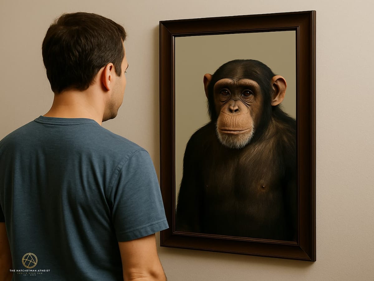 A man seen from behind looks into a wall-mounted mirror, but instead of his own reflection, the mirror shows a chimpanzee staring back at him.