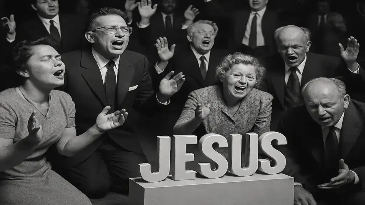 Black-and-white staged scene of congregants kneeling and raising hands around a pedestal labeled “JESUS.”