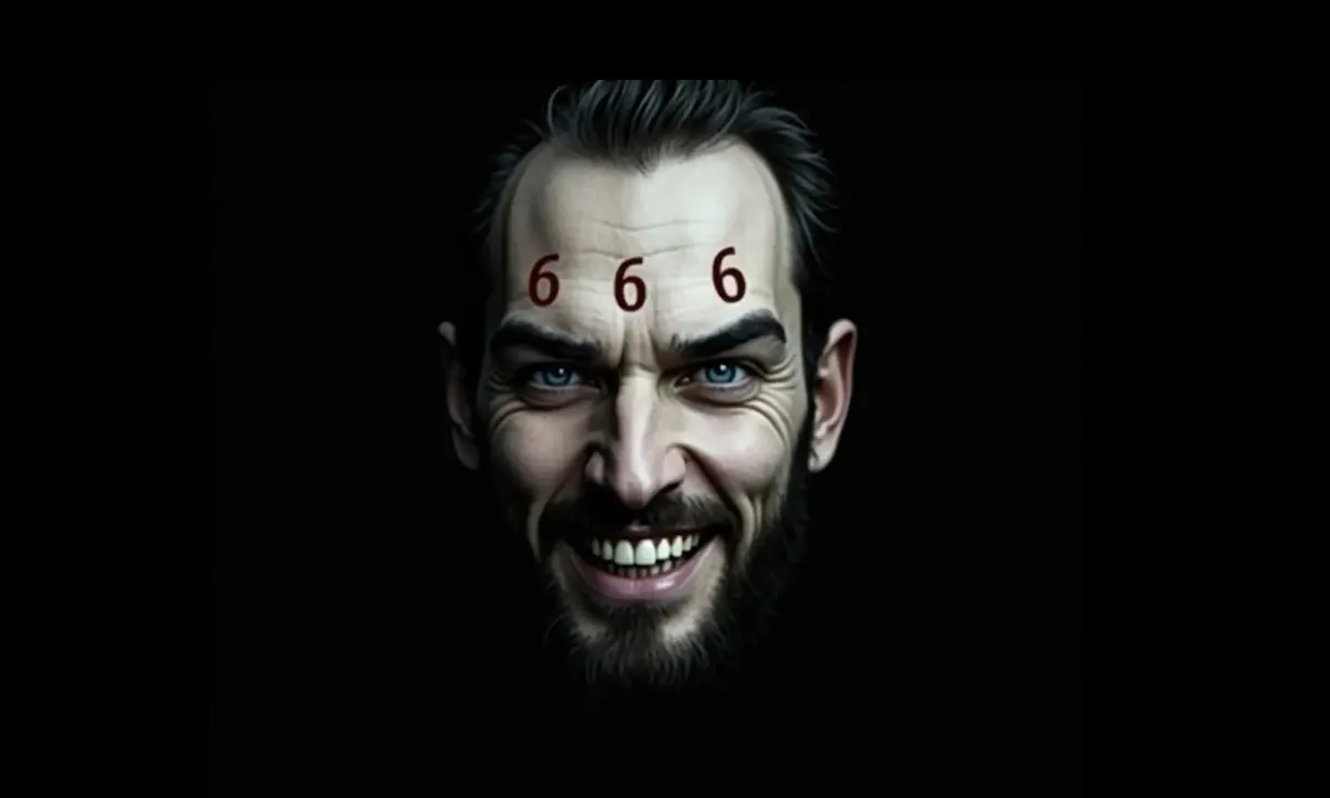 A dramatic close-up of a man with the number 666 inscribed on his forehead, symbolizing the historical identification of Nero Caesar as the Beast in the Book of Revelation.
