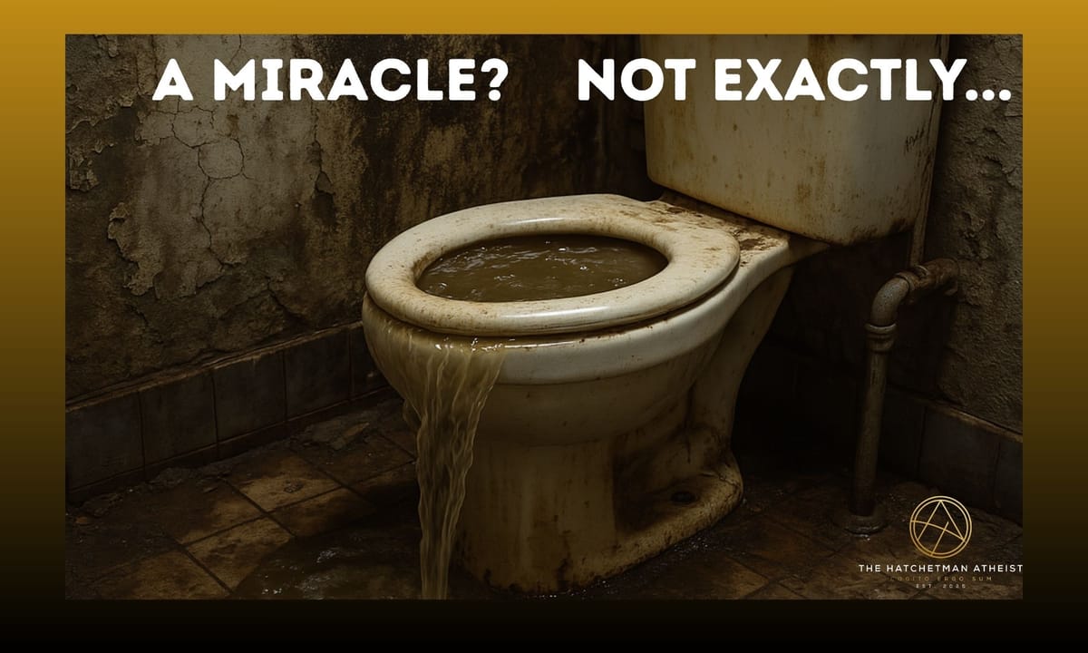 Stained, overflowing toilet in a dark bathroom with the text 'A MIRACLE? NOT EXACTLY...' and the Hatchetman Atheist logo.