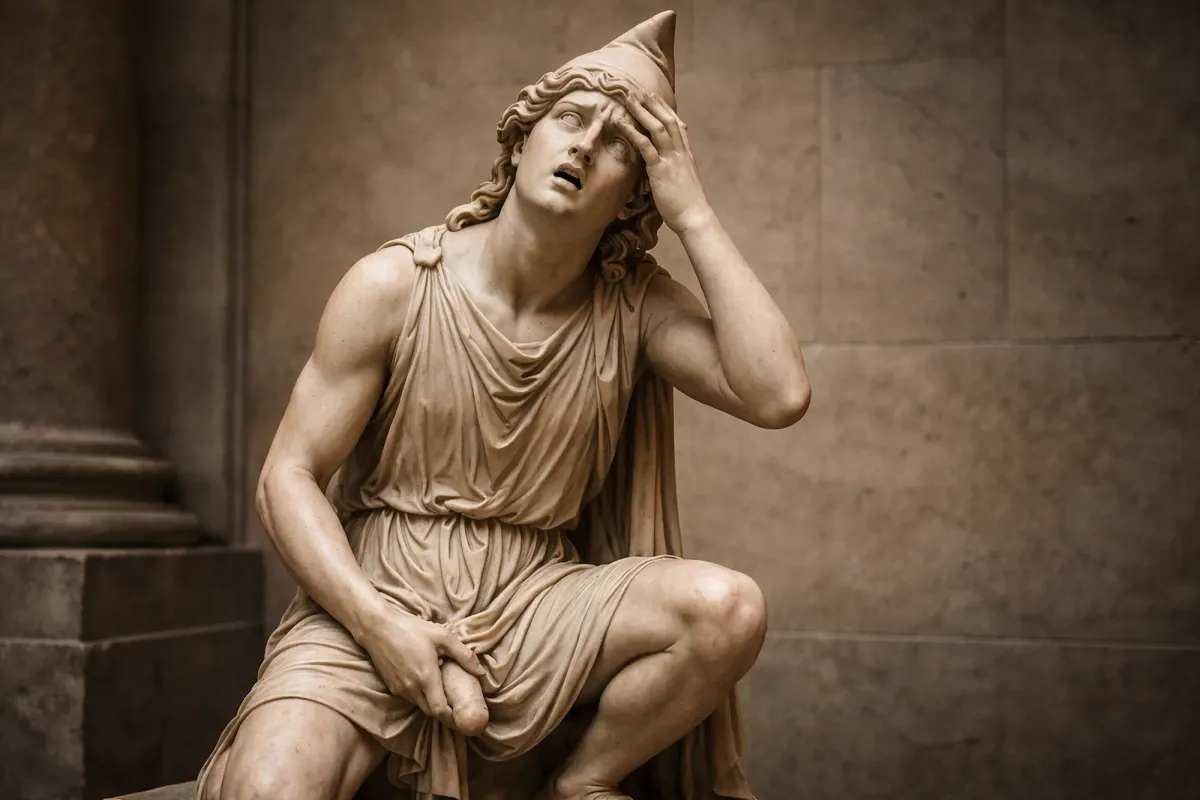 A statue of a young man holding his penis preparing to castrate himself