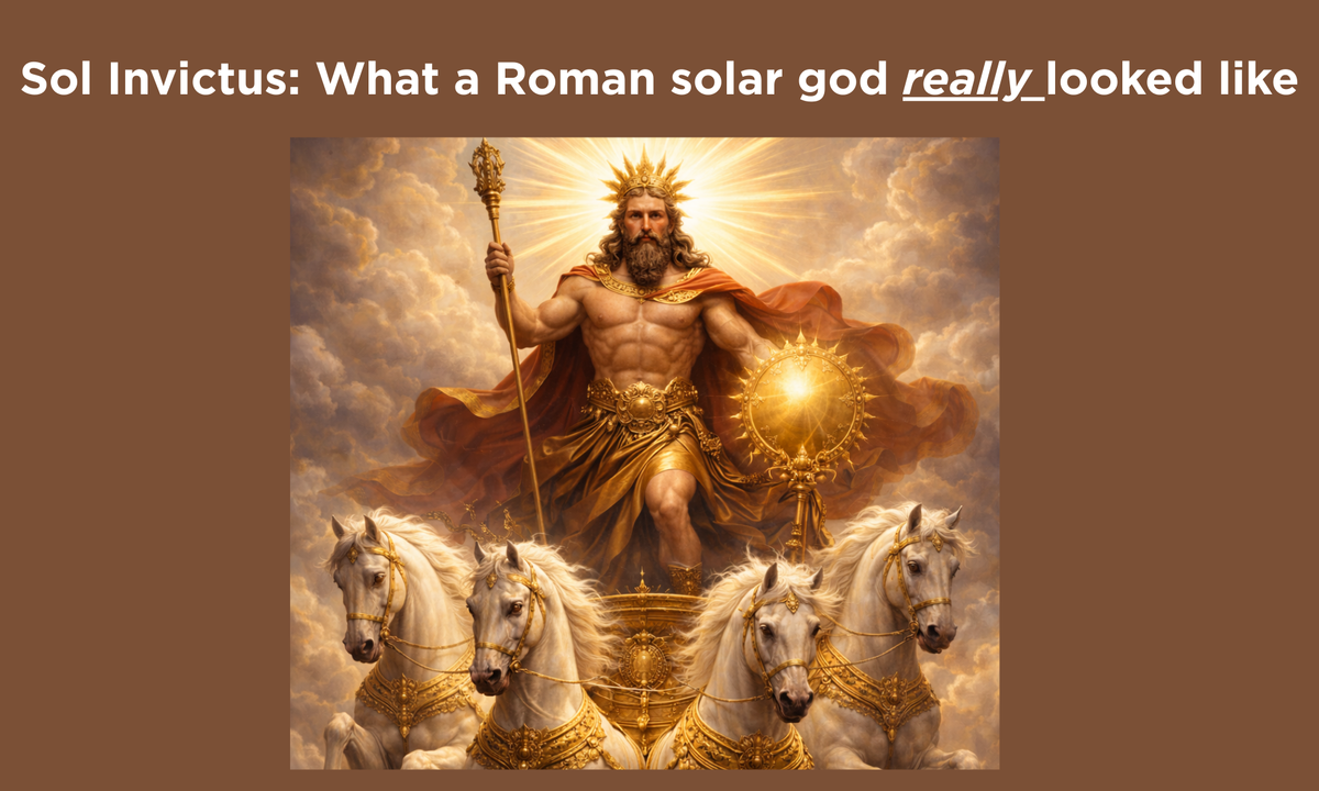 An AI-generated illustration of the Roman god Sol Invictus, a muscular bearded deity with a sun-ray crown, standing in a golden chariot pulled by four white horses through the clouds.