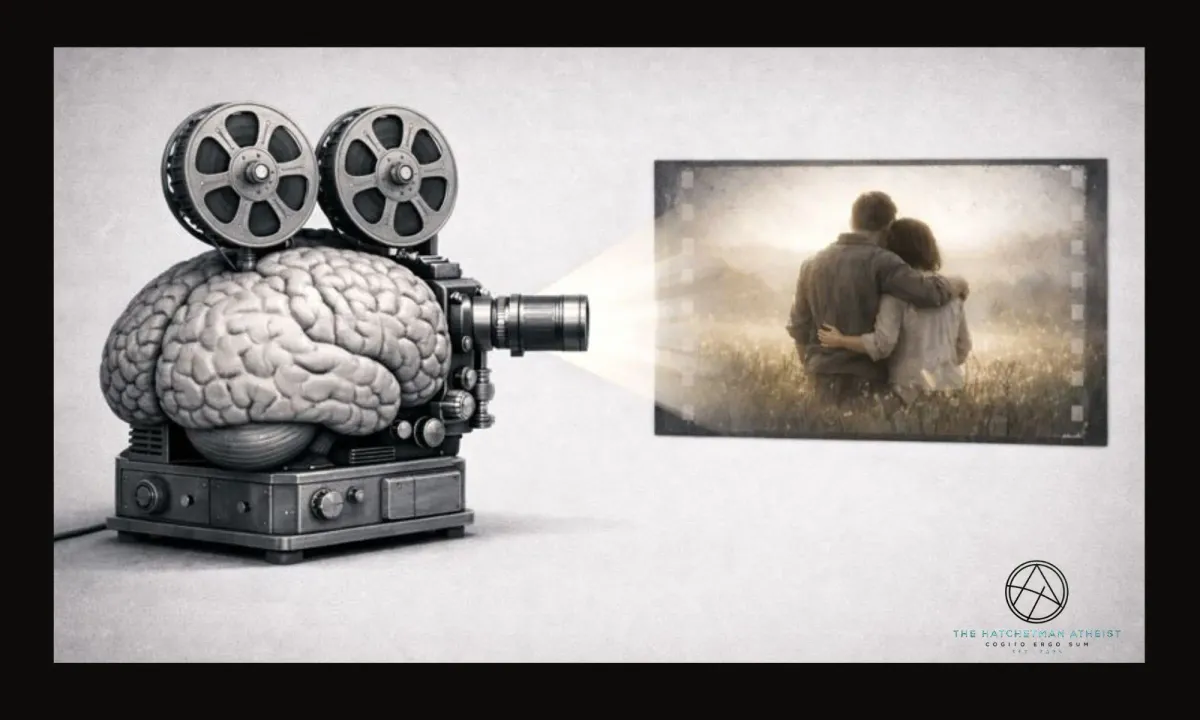 Illustration of a human brain as a vintage film projector, displaying a warm image of a couple embracing on a screen.