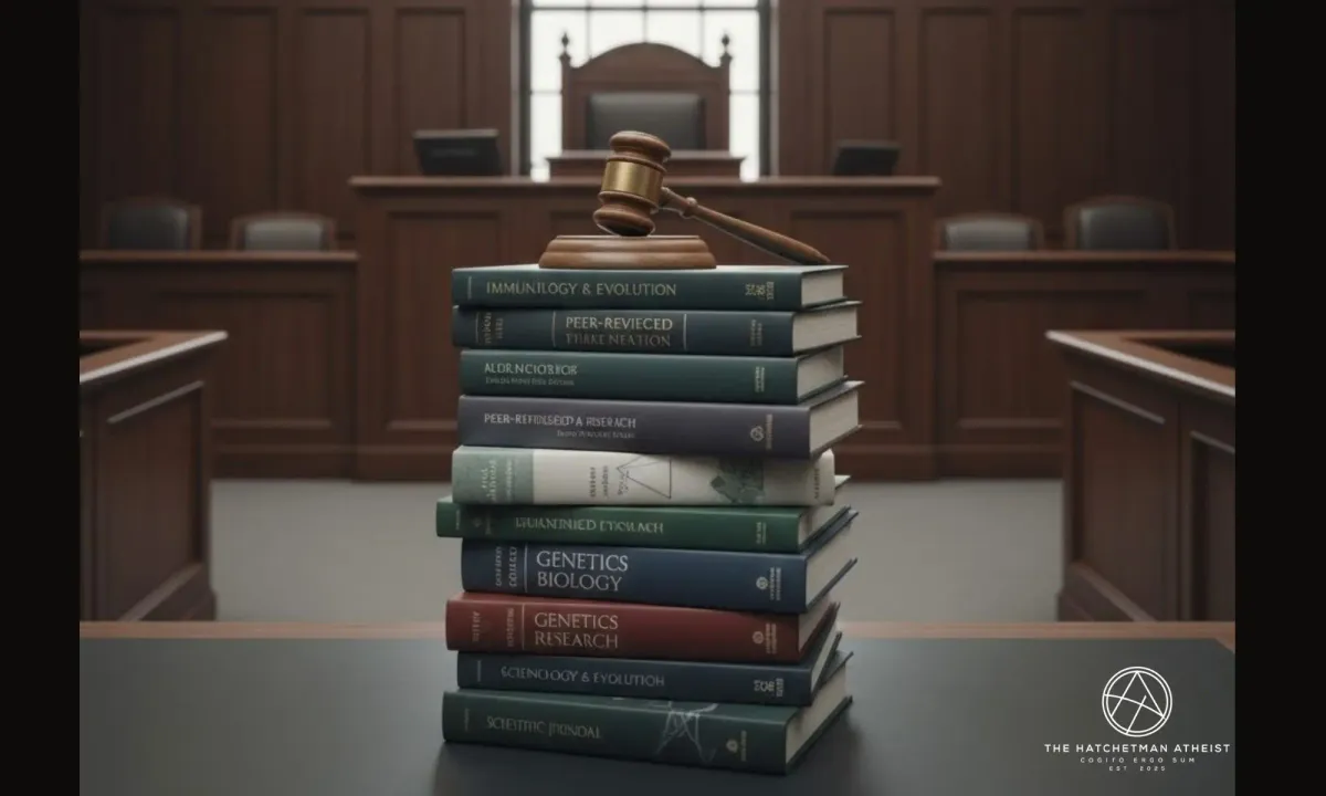 “Scientific books stacked beneath a judge’s gavel in a courtroom, symbolizing the ruling in Kitzmiller v. Dover”