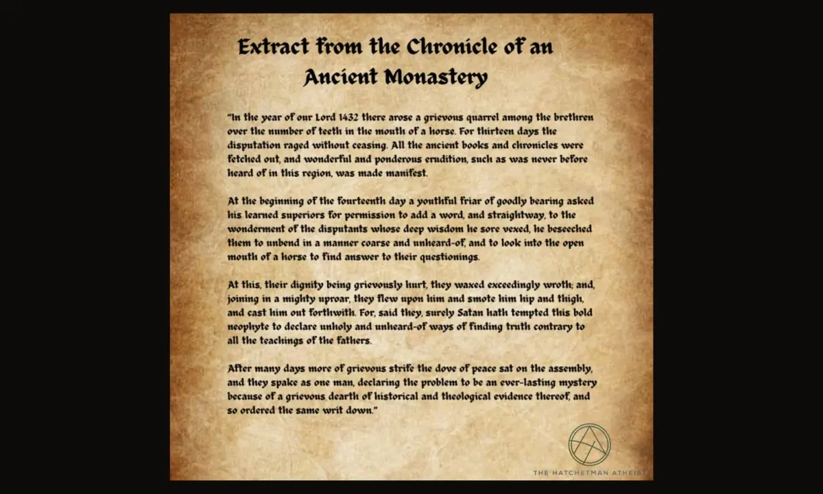 The Horse's Teeth parable on a parchment like design in caligraphic script