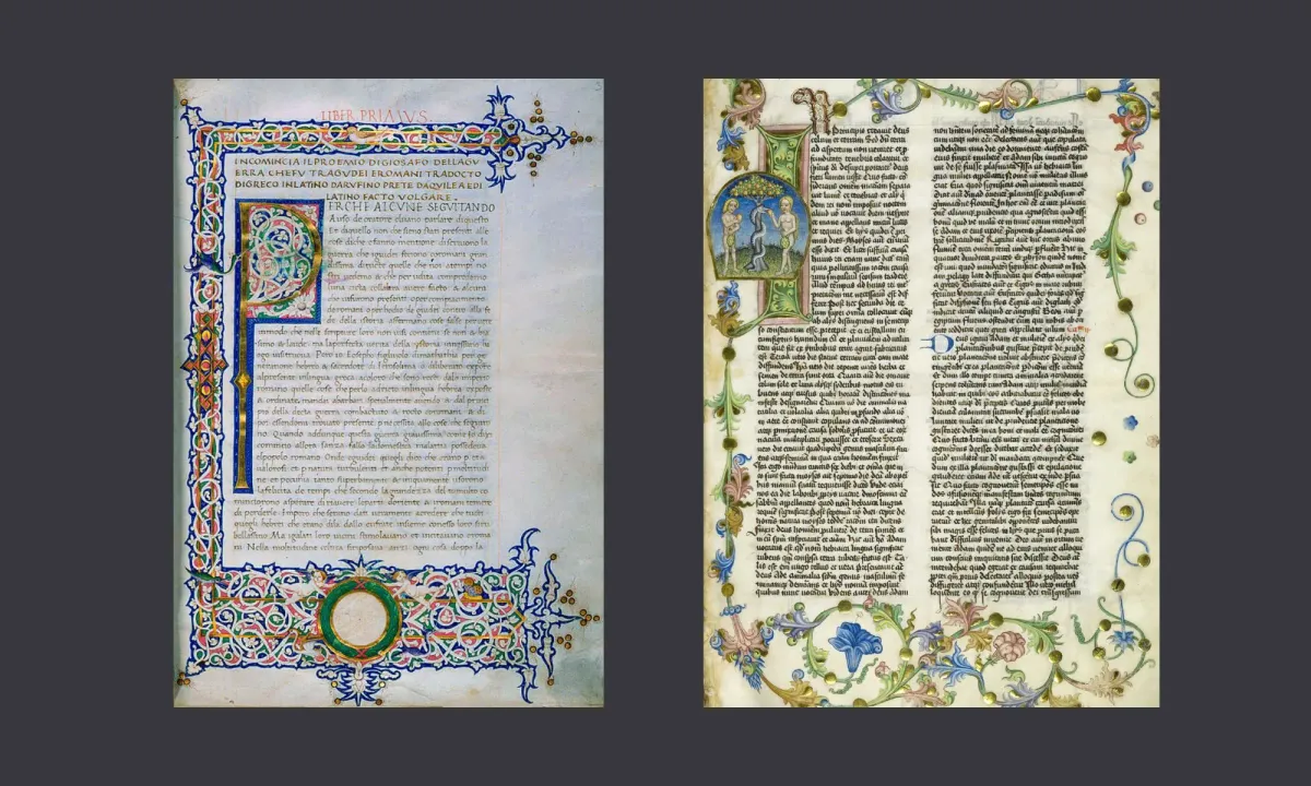 Two side-by-side pages of a medieval illuminated manuscripts featuring dense Latin or Italian script and highly decorative, colorful borders with gold leaf.