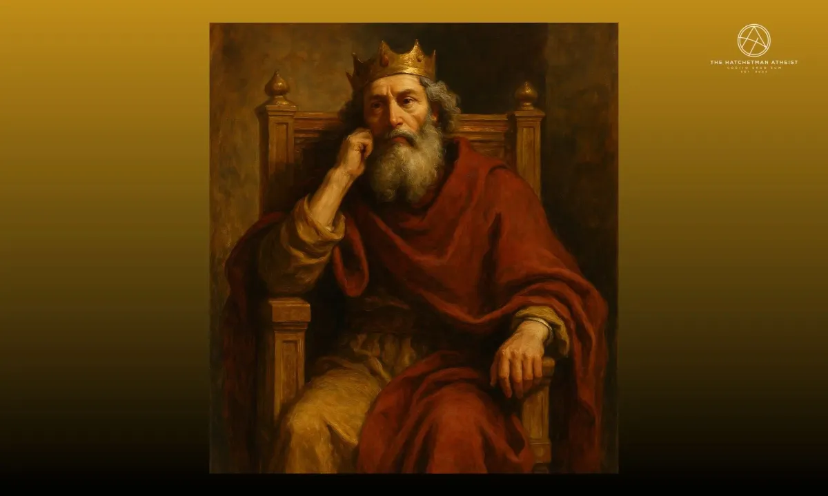 Painting of an old King David looking stressed on a throne