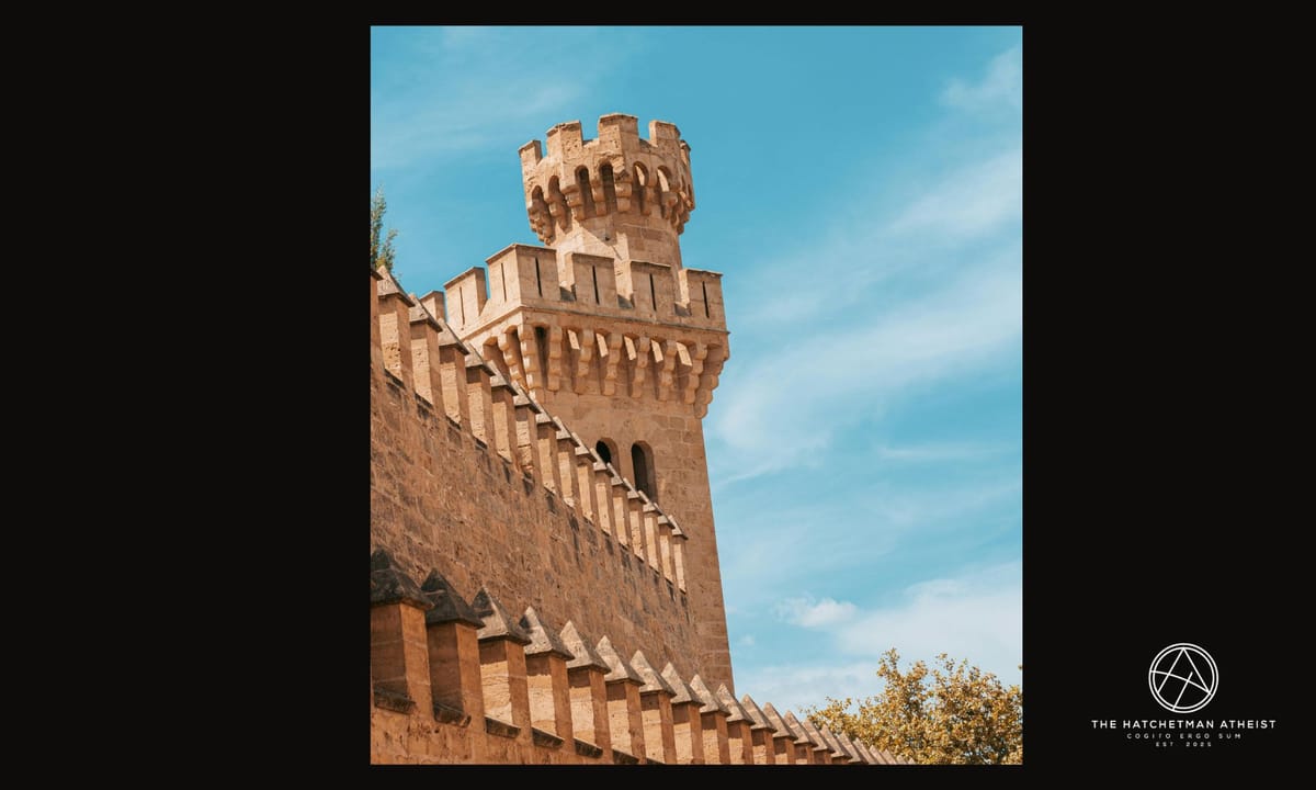 Stone fortress wall with battlements and a watchtower under a blue sky, symbolizing intellectual retreat and defensive argumentation.