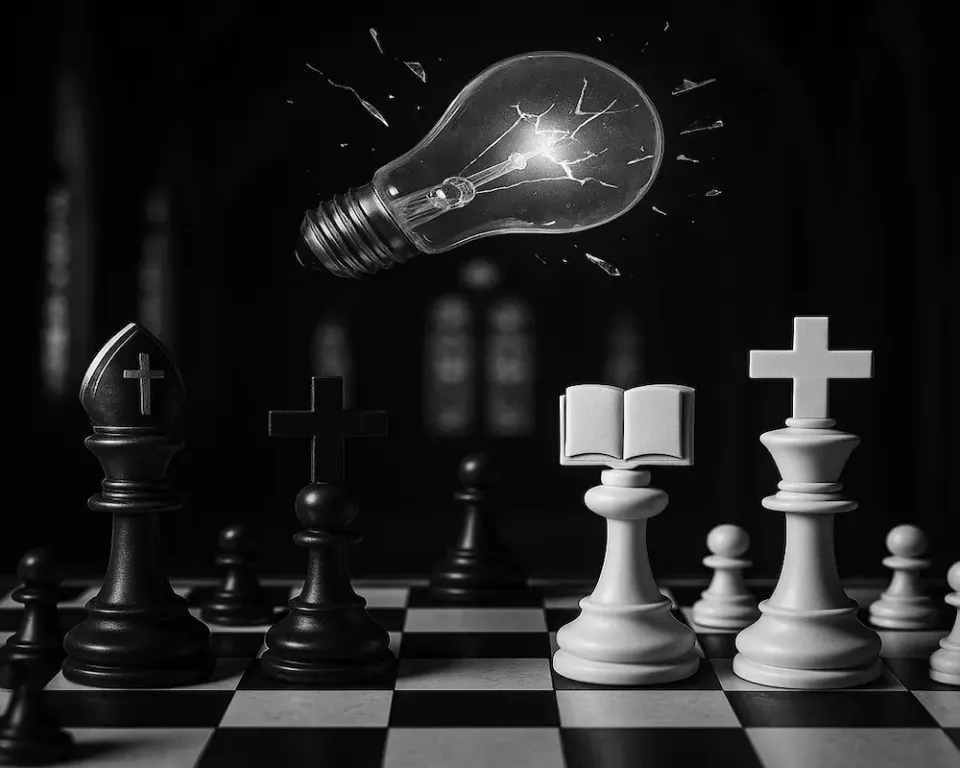 Shattering light bulb above a chessboard of religious-themed pieces (crosses and a book), symbolizing scrutiny of faith claims and evidence.